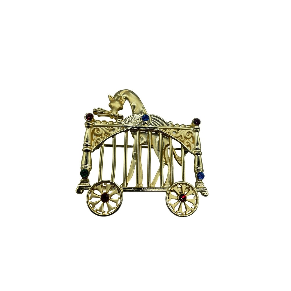 AJC Vintage Gold Tone‎ Circus Giraffe in Cage Wagon Brooch Rhinestone Pin